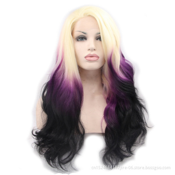 synthetic ombre blonde to purple black color wig, synthetic lace front wavy wig blonde beyonce